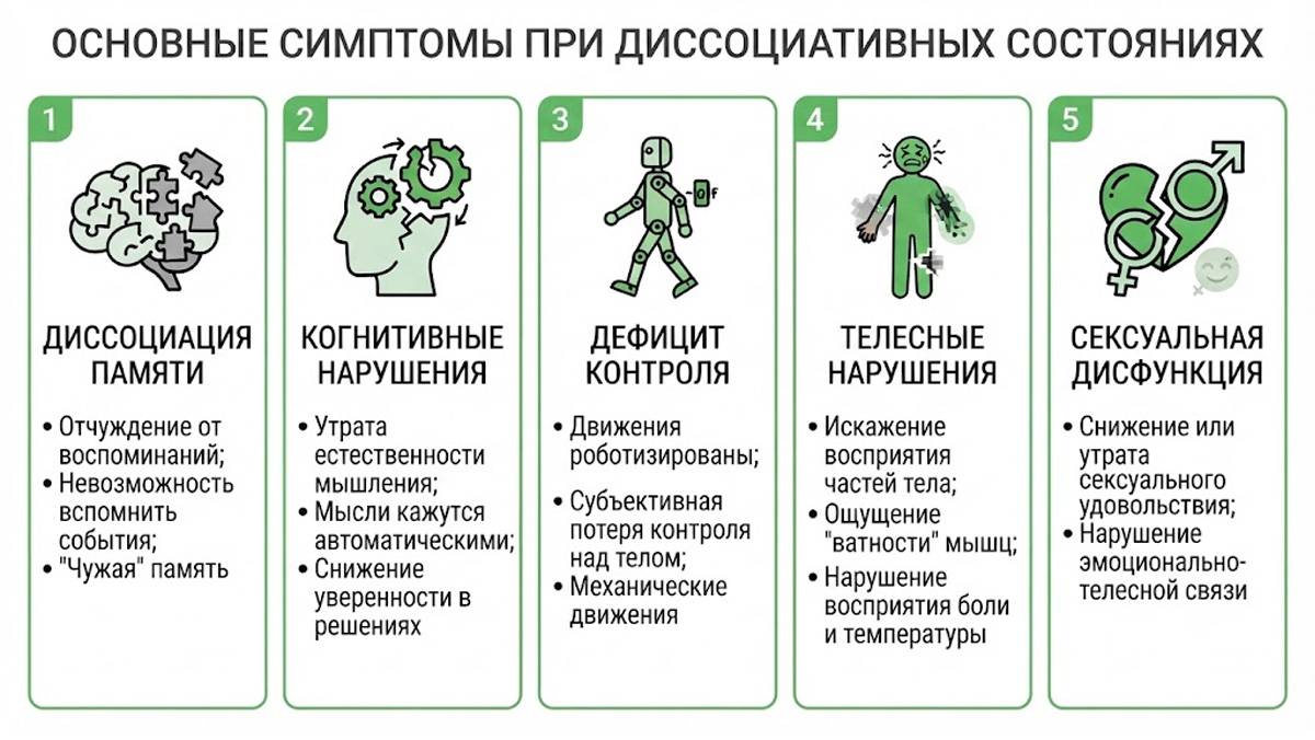 Инфографика: основные симптомы при диссоциативных состояниях (диссоциация памяти, когнитивные нарушения, дефицит контроля, телесные нарушения, сексуальная дисфункция).